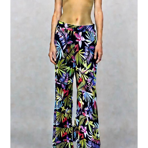 Antthony Woman's Pants Med Black Floral Wide Leg Coastal Resort Vacation Groovy - Picture 1 of 15